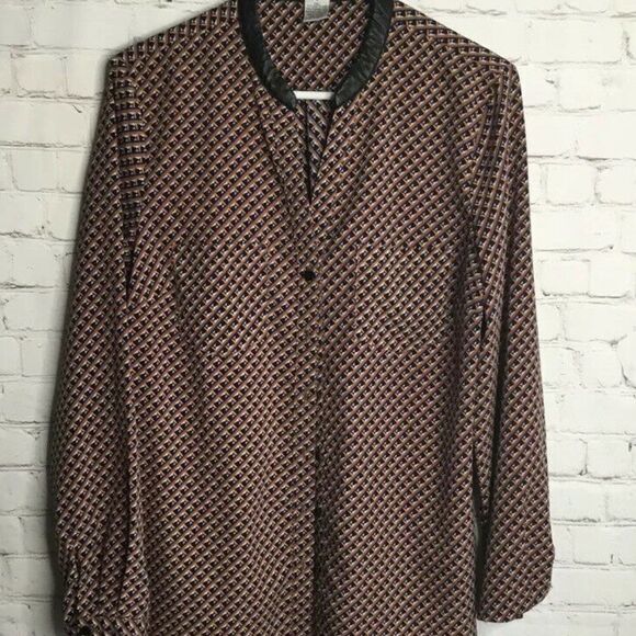 WD-NY Women’s Geometrical Print Leather Collar Long Sleeve Top Blouse Size L - Picture 1 of 12